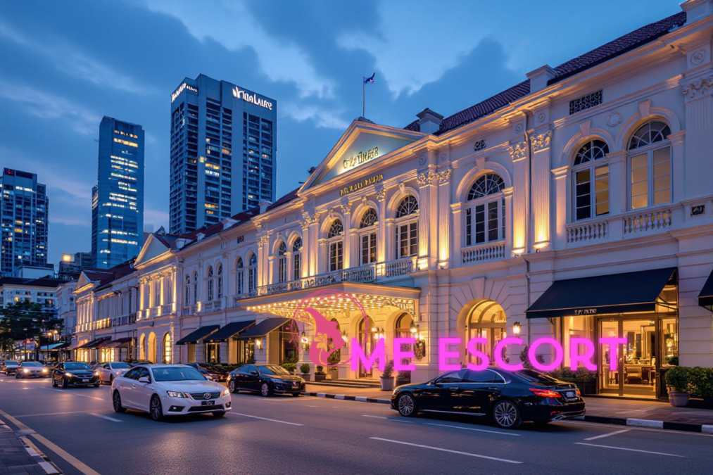 The Fullerton Hotel Singapore at night with cars parked on the street.