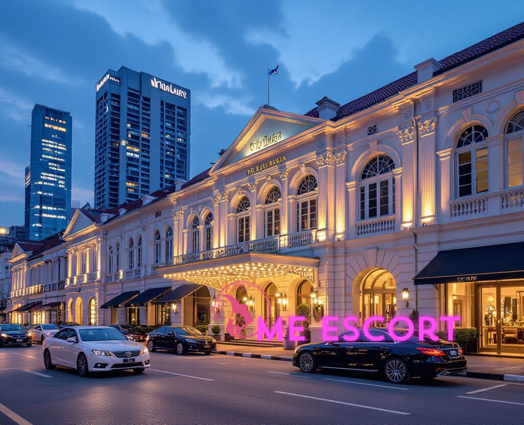 The Fullerton Hotel Singapore at night with cars parked on the street.