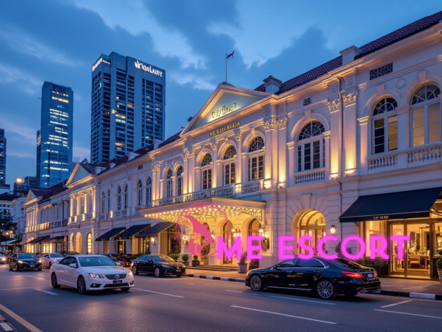 The Fullerton Hotel Singapore at night with cars parked on the street.