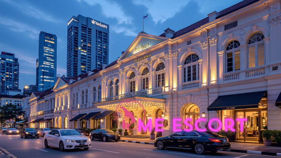 The Fullerton Hotel Singapore at night with cars parked on the street.