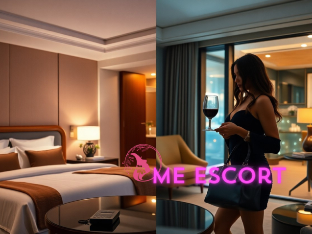 Luxury hotel room with a bed and a woman holding wine in the suite.