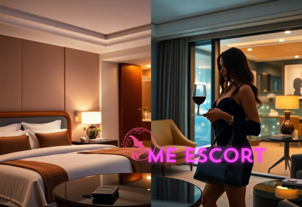 Luxury hotel room with a bed and a woman holding wine in the suite.