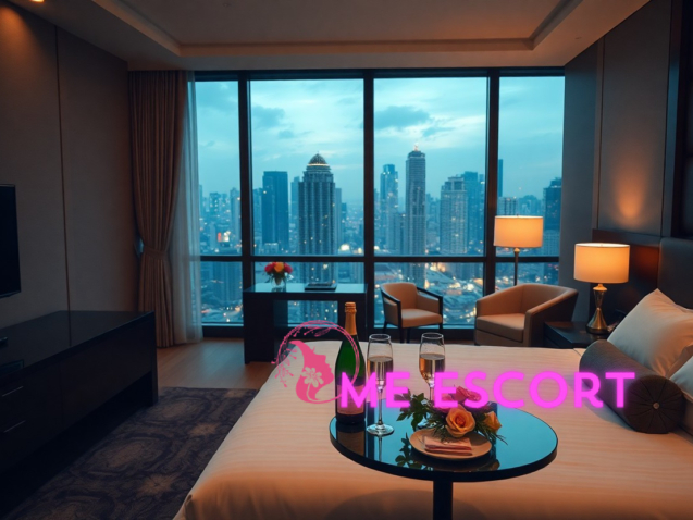 Luxury hotel room with city view, champagne, and flowers on the bed. High-rise skyline visible through the window.