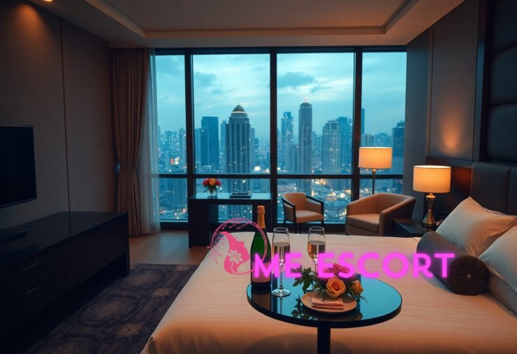 Luxury hotel room with city view, champagne, and flowers on the bed. High-rise skyline visible through the window.
