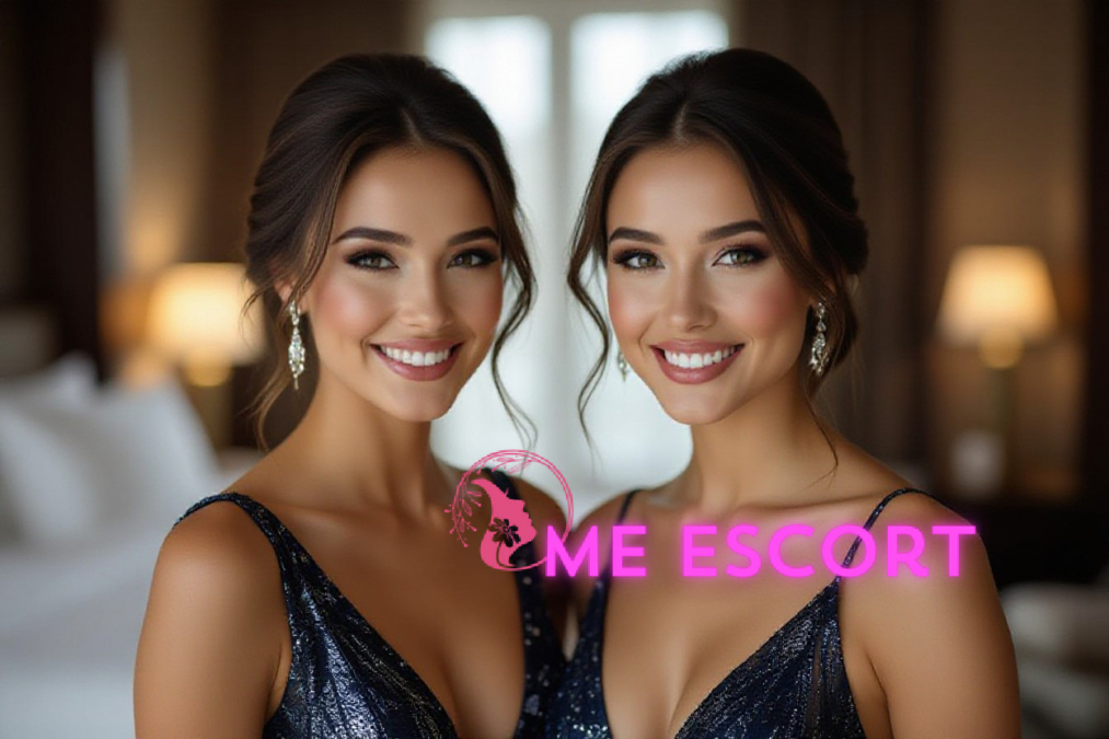 Twin sisters smiling, wearing elegant evening gowns and diamond earrings.