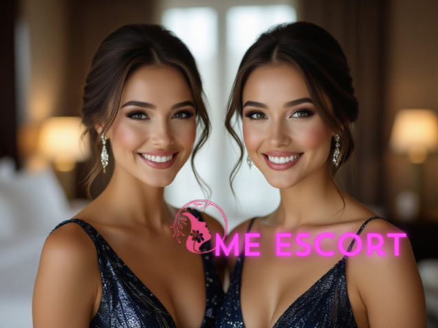 Twin sisters smiling, wearing elegant evening gowns and diamond earrings.