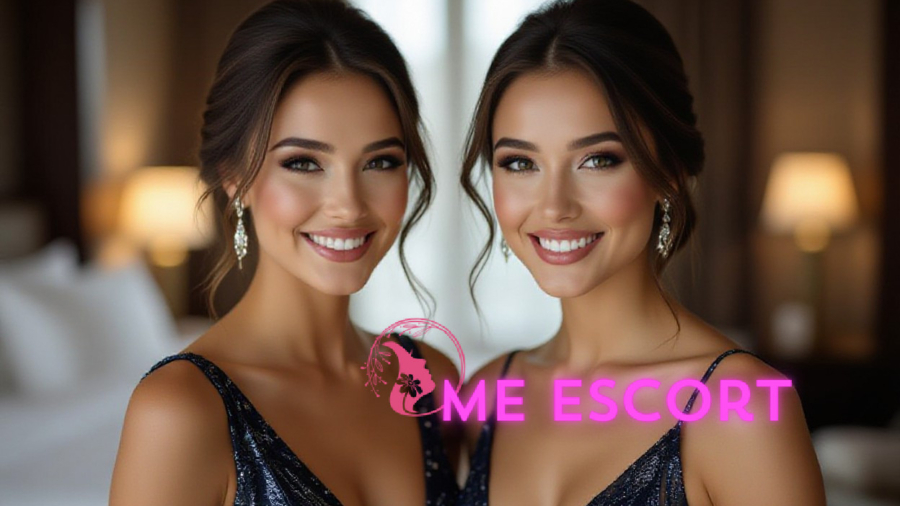Twin sisters smiling, wearing elegant evening gowns and diamond earrings.