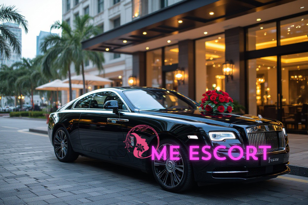 Black Rolls-Royce Wraith parked in front of luxury hotel, adorned with red roses.