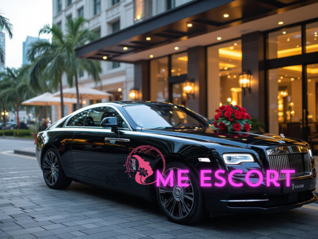 Black Rolls-Royce Wraith parked in front of luxury hotel, adorned with red roses.