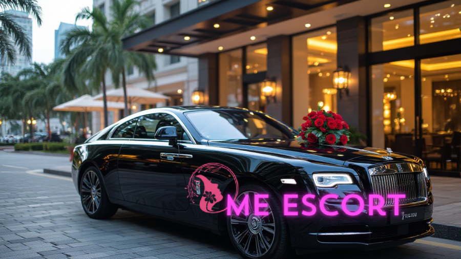 Black Rolls-Royce Wraith parked in front of luxury hotel, adorned with red roses.