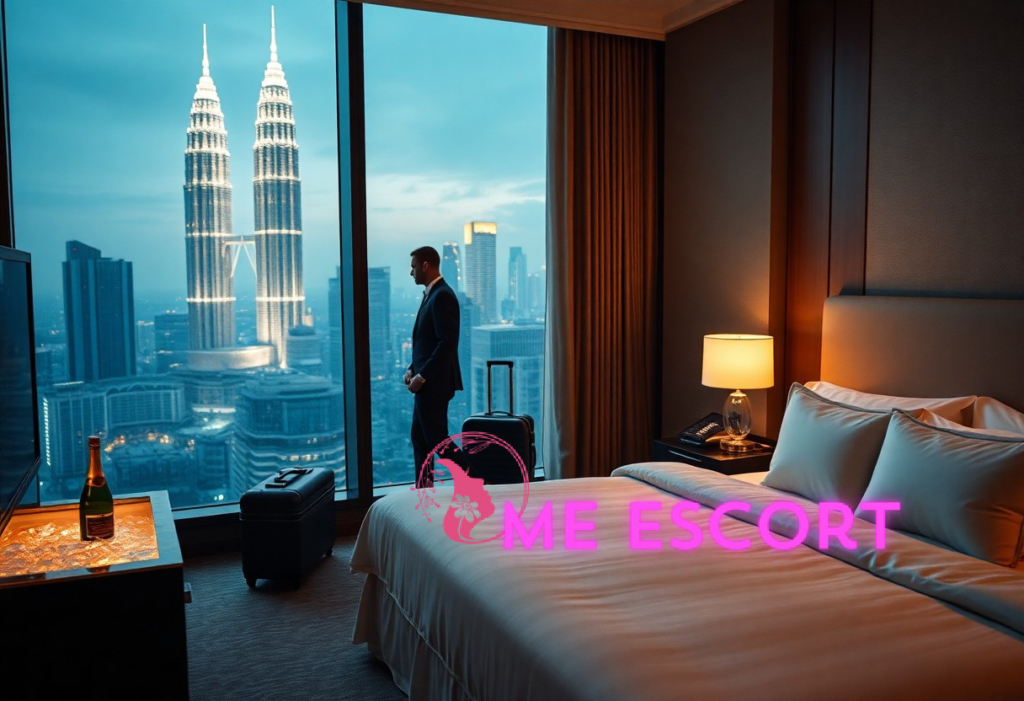 Man in suit looking at Petronas Towers view from Kuala Lumpur hotel room.