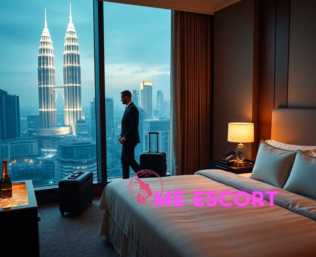 Man in suit looking at Petronas Towers view from Kuala Lumpur hotel room.