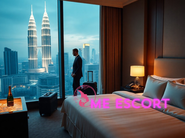 Man in suit looking at Petronas Towers view from Kuala Lumpur hotel room.