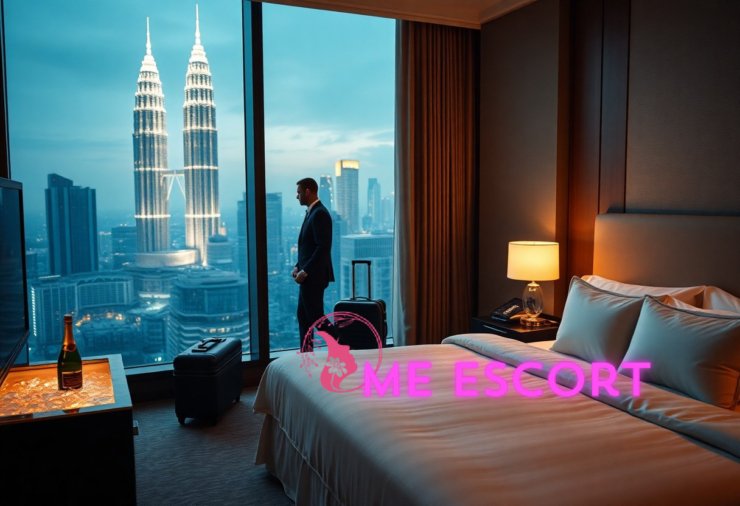 Man in suit looking at Petronas Towers view from Kuala Lumpur hotel room.