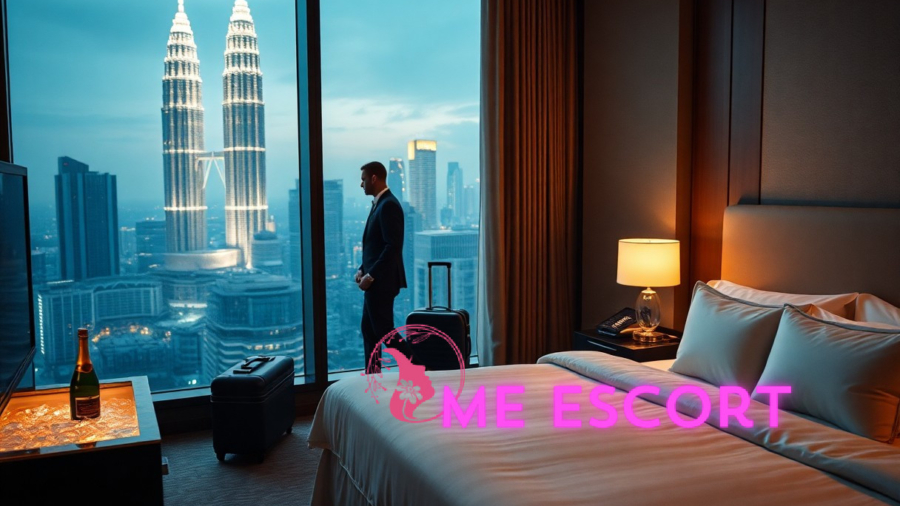Man in suit looking at Petronas Towers view from Kuala Lumpur hotel room.