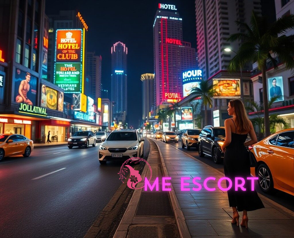 Night cityscape with bright hotel signs, a woman in a black dress, and cars on the street.