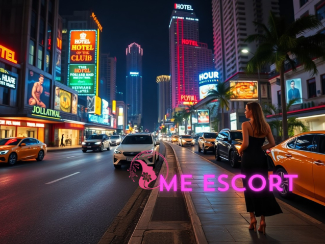 Night cityscape with bright hotel signs, a woman in a black dress, and cars on the street.