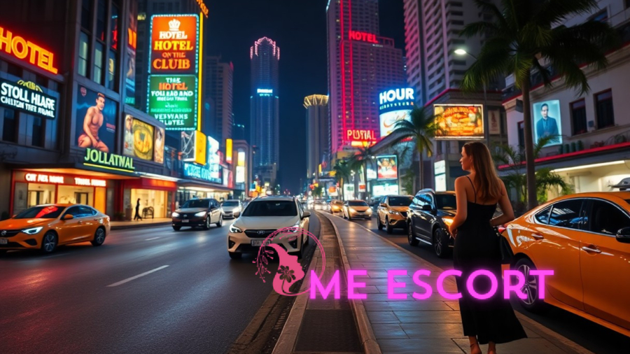 Night cityscape with bright hotel signs, a woman in a black dress, and cars on the street.