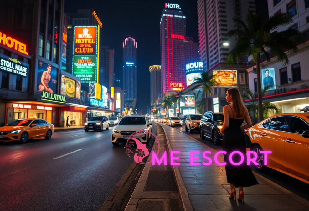 Night cityscape with bright hotel signs, a woman in a black dress, and cars on the street.