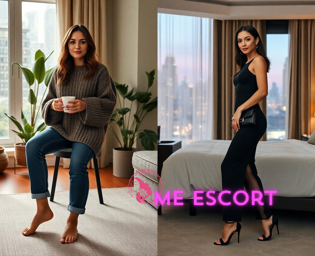 Woman in cozy sweater and jeans holding mug, then in elegant black dress