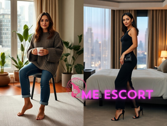 Woman in cozy sweater and jeans holding mug, then in elegant black dress