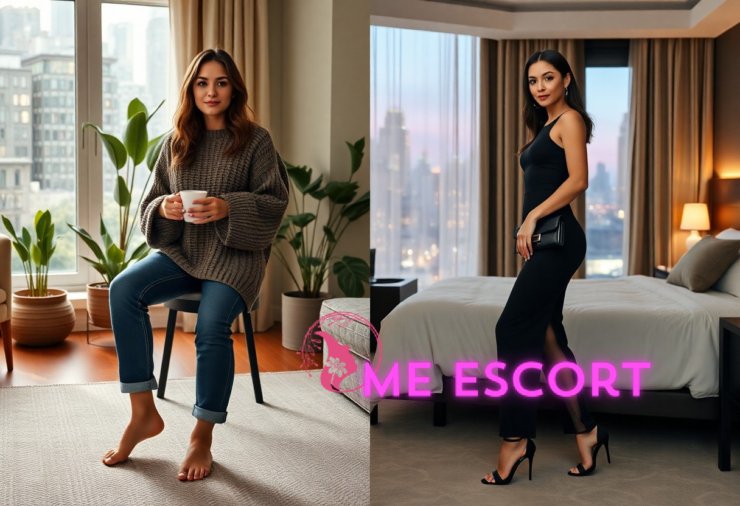 Woman in cozy sweater and jeans holding mug, then in elegant black dress