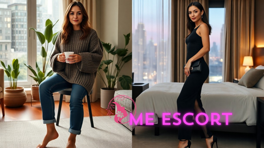 Woman in cozy sweater and jeans holding mug, then in elegant black dress
