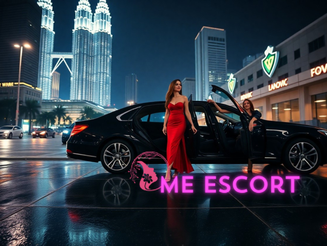 Elegant women in red and black dresses by a luxury car at night, city skyline background.