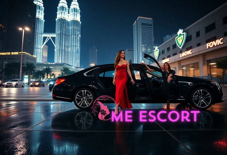 Elegant women in red and black dresses by a luxury car at night, city skyline background.