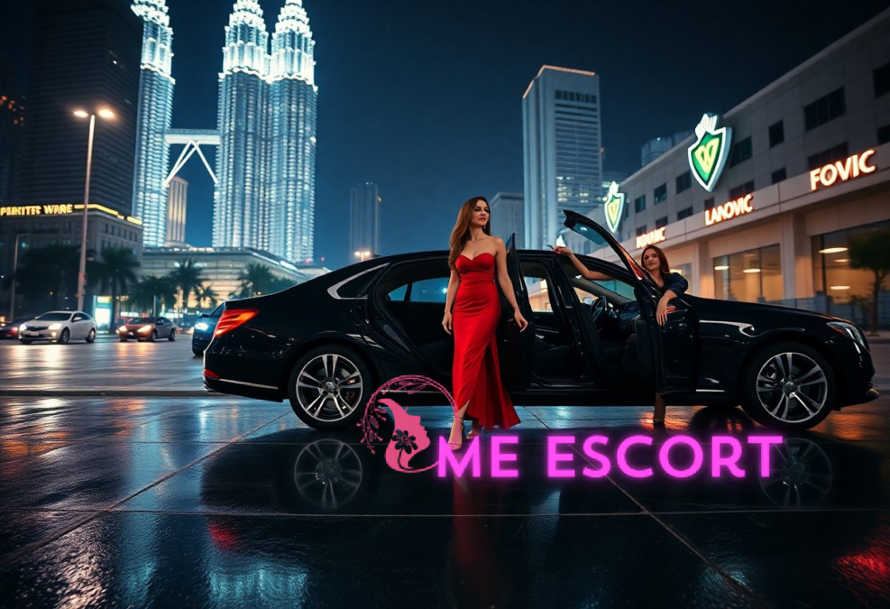 Elegant women in red and black dresses by a luxury car at night, city skyline background.